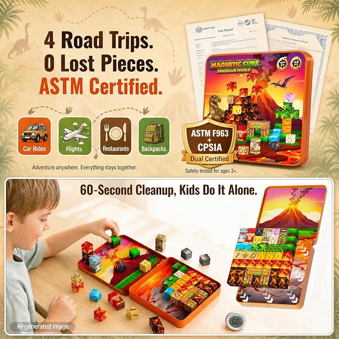 burgkidz Dinosaur Volcano Magnetic Blocks: 360g Portable Tin Case, N32 Strong Magnets, 4-Scene Storybook – Quiet STEM Travel Toy for Road Trip & Airplane, 49 PCS Building Set, Gift for Kids Ages 3-8