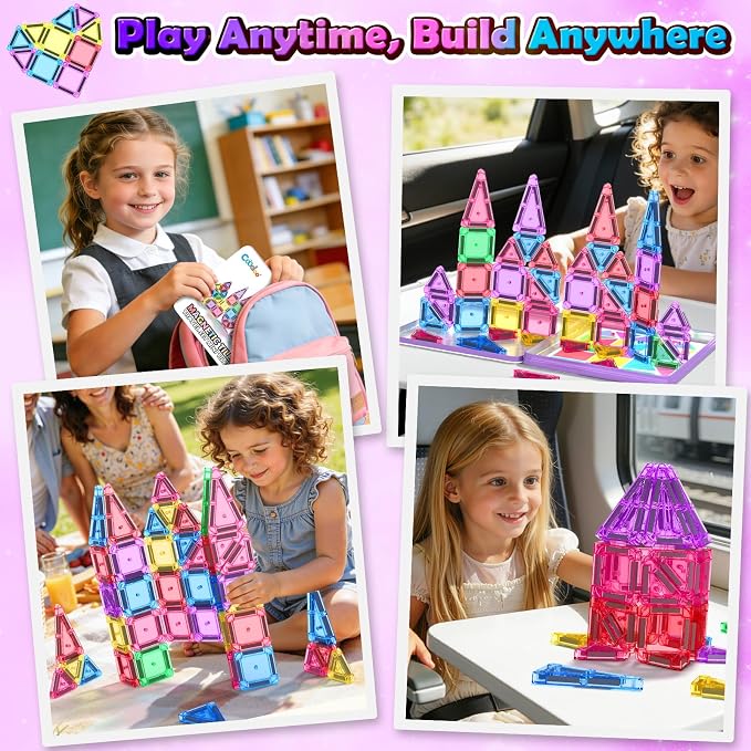 Mini Magnetic Tiles Set with Iron Box , Travel STEM Toys for Toddlers 3+ | Montessori Sensory Toy For 3-8 Kids, Travel Essentials Magnet Blocks, Great Gift For 3-5 Boys & Girls, Classroom Must Have
