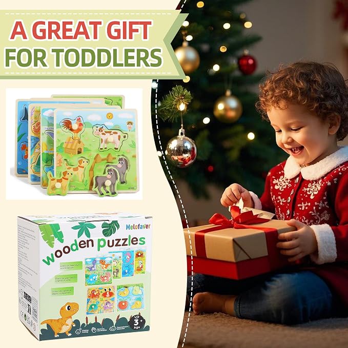 Melofaver Toddler Wooden Peg Puzzles, Montessori Learning Baby Puzzles | 6PCS Toddler Puzzles with Knob -Dinosaur, Farm, Farm Animal, Sea Animal, Fruit, Kids Puzzles Gifts for Boys Girls Christmas