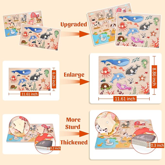Wooden Peg Puzzles for Toddlers 1-3, 2 Pcs Montessori Puzzles, Upgraded Animal & Sea Themes Puzzles, Great Preschool Educational Learning Gifts for Girls and Boys