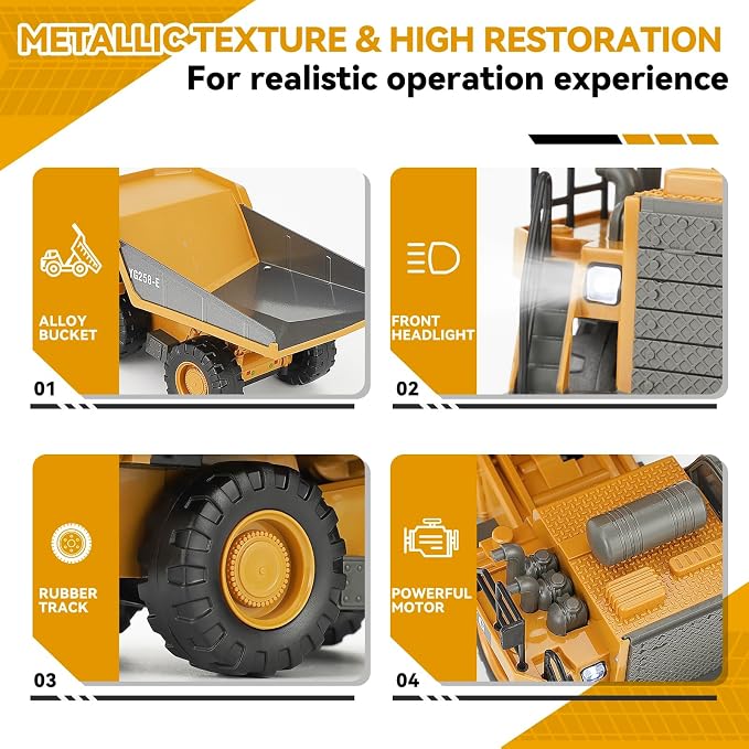 KIZJORYA Remote Control Dump Truck, RC Construction Vehicle for Kids with 9 Channel Metal Bed Light Sound & Rechargeable Battery, Electric Transport Garbage Truck Toy for Toddlers Boys Girls Age 6+