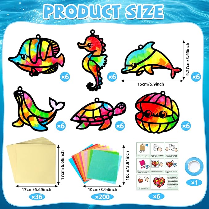 Qyeahkj 36 Set Sea Animal Suncatcher Crafts for DIY Under The Sea Window Tissue Paper Craft Kit Ocean Animal Hanging Decor for Summer Home Activity Art Project Birthday Party Favor Gift