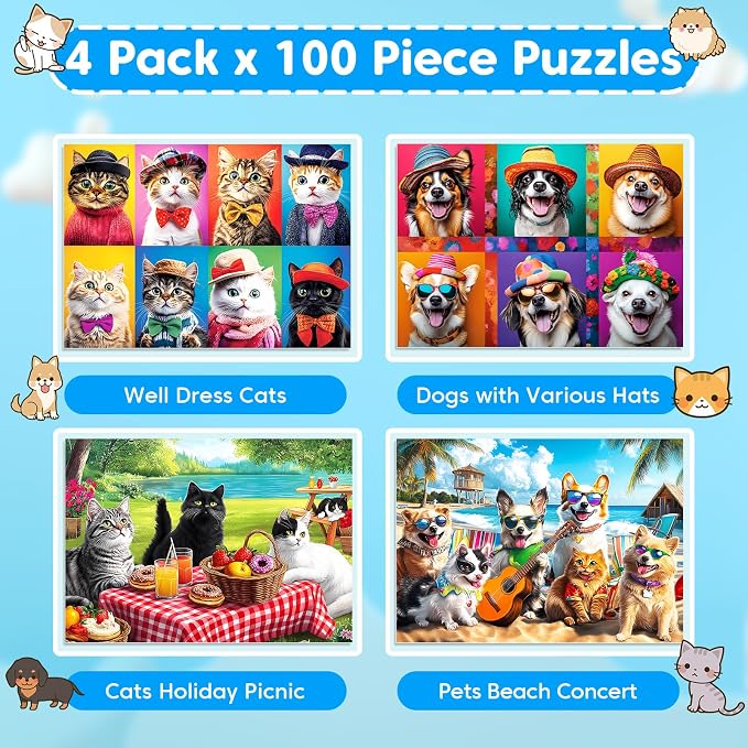 4 Packs 100 Piece Puzzles for Kids Ages 4-6 6-8 8-10, Lovely Cats Dogs Kids Puzzles Ages 5-8 100 Piece Large Jigsaw Puzzles for Adults Seniors Educational Toys Gifts for Girls Boys