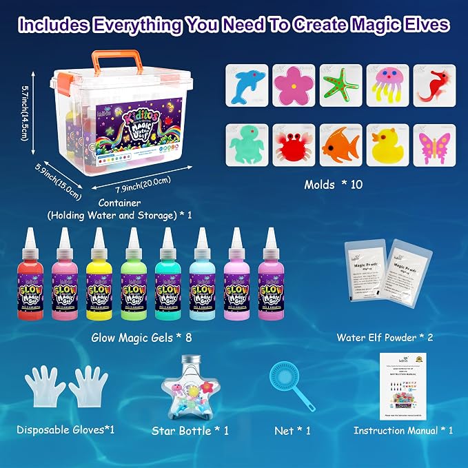 Kiditos Glow-in-the-Dark Magic Water Elf Toy Kit for Kids, DIY Craft Kit | 8 Gels & 10 Molds, Magic Aqua Fairy Water Gel Kit, STEM Science Activity, Party Favors & Birthday Gifts for Kids Ages 3+