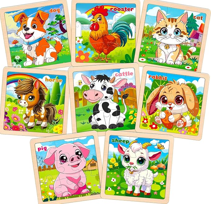 Wooden Farm Puzzles for Toddlers, 8 Pack 9 PCS Jigsaw Puzzles for Kids | Wooden Puzzles for Toddlers 3-5, Animal Puzzles for Kids 3-5, Preschool Puzzles Learning Educational Sets Toys