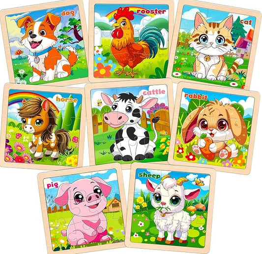 Wooden Farm Puzzles for Toddlers, 8 Pack 9 PCS Jigsaw Puzzles for Kids | Wooden Puzzles for Toddlers 3-5, Animal Puzzles for Kids 3-5, Preschool Puzzles Learning Educational Sets Toys