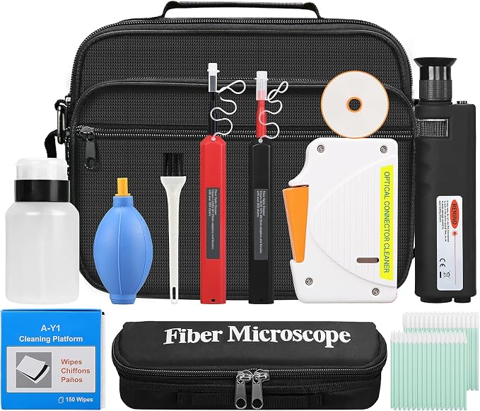 13 in 1 Fiber Optic Cleaning Tool kit with 400x Optical Fiber Microscope SC/LC Cleaning Pen 2.5mm 1.25mm Interface Cleaning Box with Replace core Fiber Optic Cleaner kit FTTH Clean Tool Kit