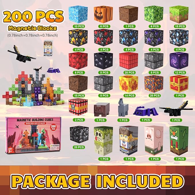 200PCS Magnetic Blocks, Magnetic Building Blocks, 0.78in Magnetic Building | STEM Game Stacking Toys for Kids, Birthday Gifts for Boys and Girls Age 3+ Years Old