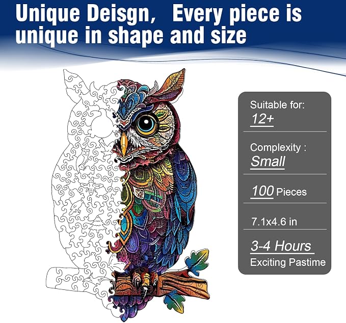 Wooden Puzzles for Adults, Unique Shaped Animal Jigsaw Puzzles, Owl Wood Puzzles Adult, Birthday Gifts for Adult and Kids, 100 Piece 7.1"×4.6"