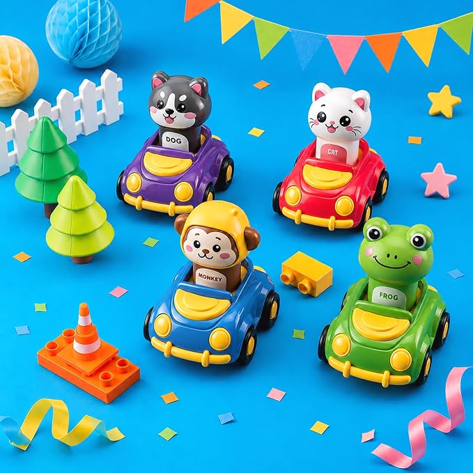 Press to Go Car Toys for Toddlers, Animal Cars for Babies 6-36 Months | 4 Pack Vehicle Set, First Birthday Gifts, Infant Sensory Toys, Baby Shower Gifts, Fun Gifts for Boys & Girls