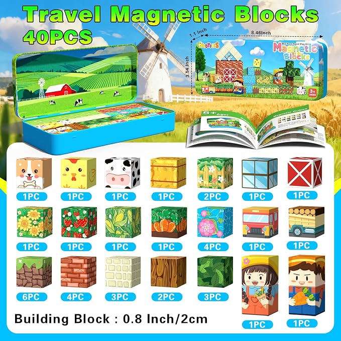 Mini Magnetic Blocks, Magnet Building Cubes, Farm Animal Travel Outdoors Toys with Portable Iron Box, STEM Montessori Sensory Educational Toys for Toddlers, Gift for Kids Ages 3-8 Boys & Girls