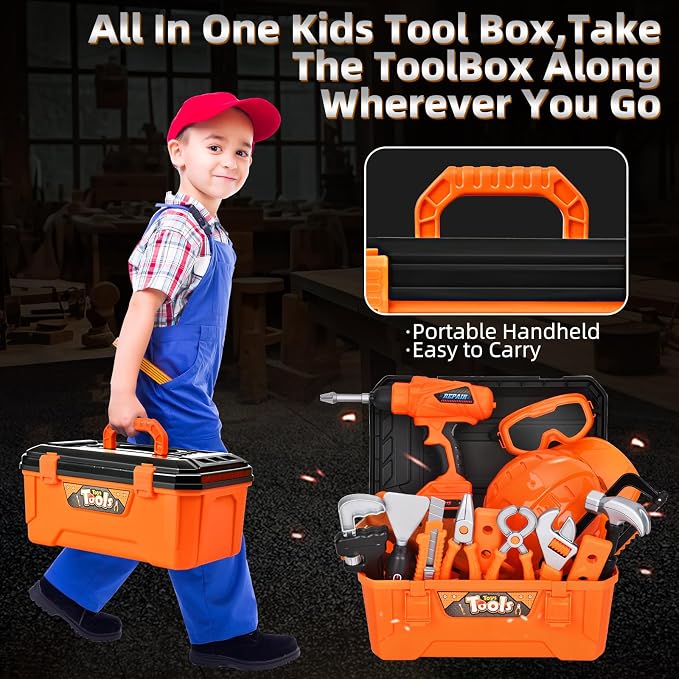 48 PCS Realistic Kids Tool Set with Hard Toolbox & Battery Powered Toy Drill, Pretend Play Toddler Tool Kit Construction Toys with Hard Hat for Boys & Girls Age 3-8