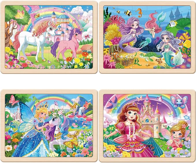 Puzzles for Kids Ages 4-6, 4x24 PCs Unicorn Princess Mermaid Wooden Puzzles | Unicorn Puzzles for Toddlers & Kids Ages 3-5, Preschool Educational Puzzles Toys, Birthday Gifts Set for Girls