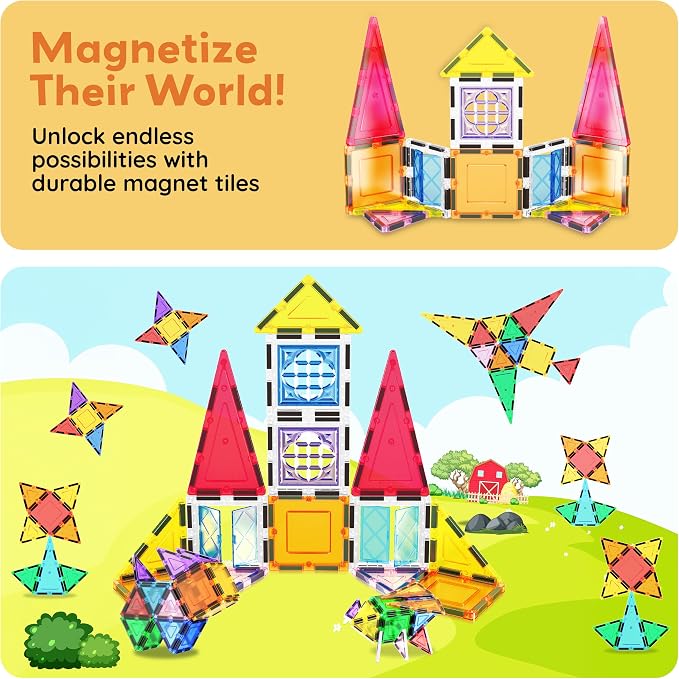 PicassoTiles Magnetic Tiles Magnet Toys Building Blocks Construction Set with 110+ Pages IdeaBook STEM Learning Playset Toddlers Educational Fun Play Kids Boys Girls Sensory Toys Ages 3+ PT03
