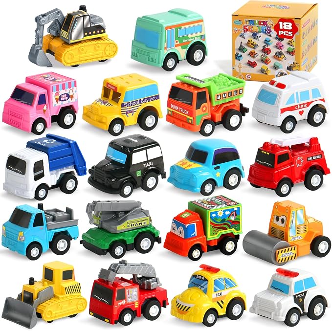 Fajiabao 18 PCS Pull Back Toy Cars for Toddlers | Mini Toy Trucks and Vehicles Set for Kids Party Favors Pinata Stuffers Goodie Bag Fillers Birthday Gifts for Boys and Girls