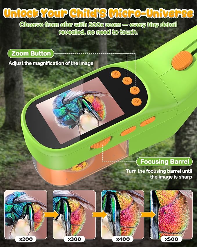 Bug Catcher for Kids,Kids Microscope,3-in-1 Insect Catching Kit for Kid | 2MP Camera Screen STEM Learning Toy,500x Magnification Insect Viewer Nature Exploration Outdoor Educational Gift for Boy Girl