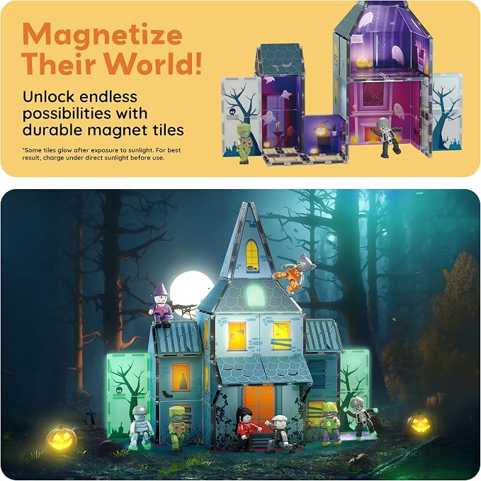 PicassoTiles 57 PCS Magnetic Tiles Halloween Haunted House STEM Set Ages 3+ | 8 action figures with rotating limbs, double-sided tile prints, doors and windows, creative storytelling playset, BPA-free