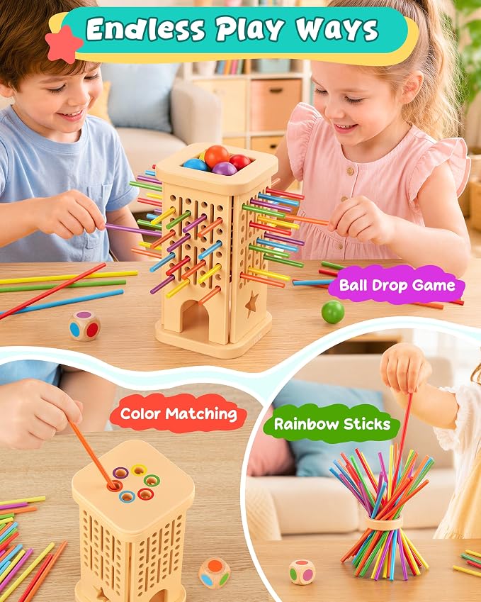 Montessori Board Game for Kids 4-6, Wooden Colorful Sticks Ball Drop Games | Color Matching Educational Toy for 3 4 5 6 Year Olds, Fine Motor Skills, Family Travel Game, Birthday Gift for Boys & Girls