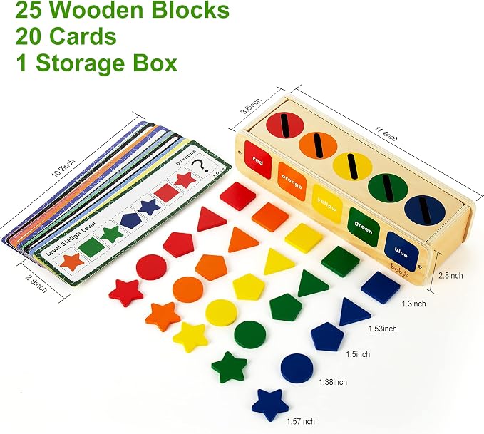 Lynncare Wooden Montessori Color & Shape Sorting Matching Toy | Coming with 25 blocks,1 box and 20 challenge cards,Montessori Toys for 1 2 Year Old,learning toys for toddlers 1-3