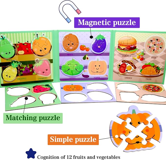 Magnetic Puzzles for Kids Ages 3-5, Travel Toddler Food Puzzle Toy | Refrigerator Magnet Game for Ages 4-6, Learning & Birthday Gift for Boys, Car Airplane Road Trip Quiet-Time Activity Toys