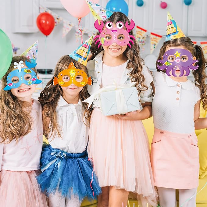 WATINC Ocean Animals Mask Craft - 24pcs Make Your Own Sea World Animal Foam Mask Kit for Kid, Under the Sea DIY Set with Diamond Stickers for Dress Up Party Favor Art Project Family Classroom Activity