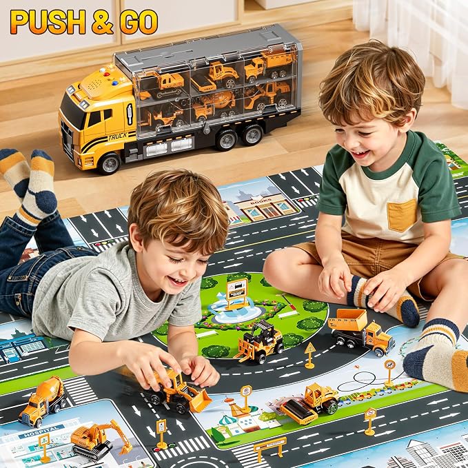 Carrier Truck Toddlers Toys for 3 4 5 6 7 Years Old Boys, Toy Truck Transport Car & Die-Cast Car and Play Mat, Construction Toys Birthday Gifts for Kids 3 4 5 6 7 8+ Years Old Boys Girls