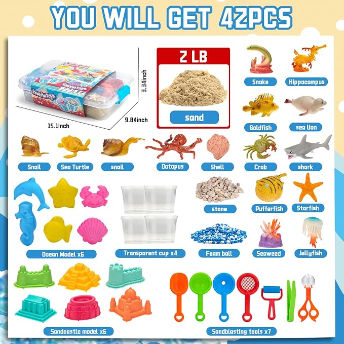 Ocean & Sand Sensory Bin with Lid, 42 Pcs Sea Animals Kit Preschool Tool | Developmental Birthday Gifts Boys Girls and Kids, Learning Activities Box, Outdoor Sandbox Toys for Toddlers