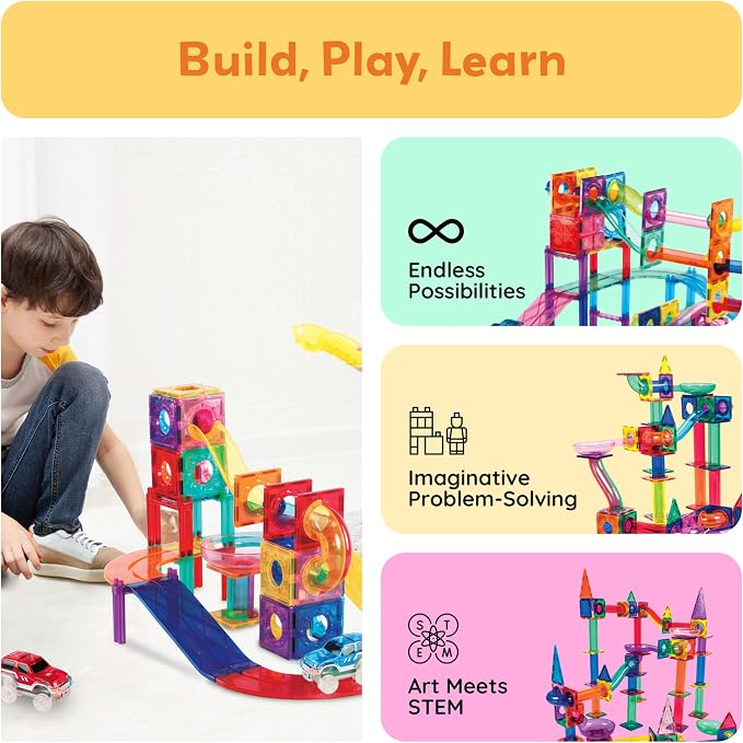 PicassoTiles 108 Piece Marble Run Race Track Set with LED Cars STEM Ages 3+ | 2 Light-Up Vehicles, 4 Magnetic Marbles, BPA-Free, Expandable Collection, Fine Motor Skills,Problem-Solving Screen-Free Toy