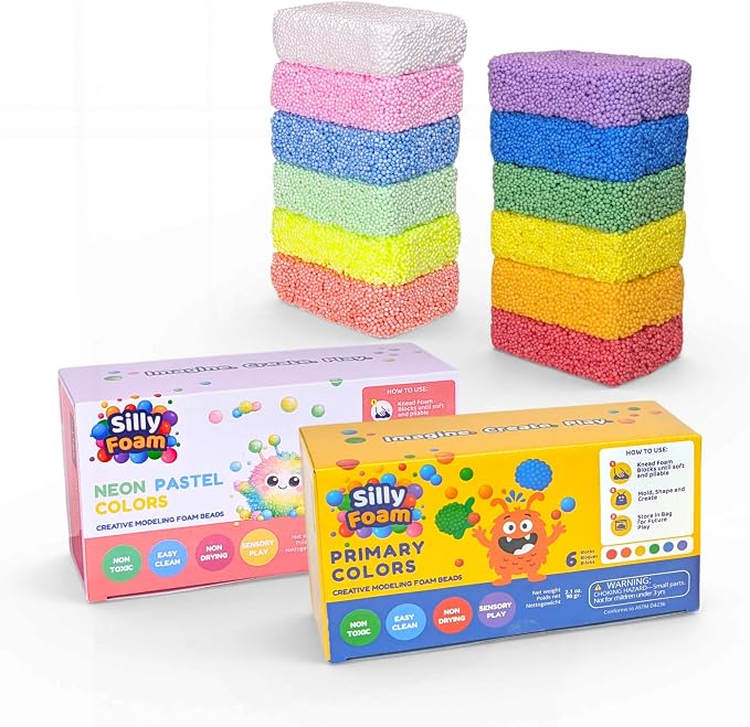 Silly Foam, Creative Modeling Foam Beads, 2-Pack of 6 Primary + 6 Neon Pastel Blocks, No-Slime No-Mess, Perfect for Preschool, Kids, Arts & Crafts, Sensory Play, STEM, Travel Toy, Non-Toxic (Age 3+)