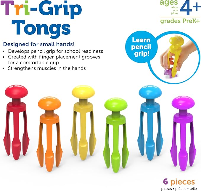 Learning Resources Tri-Grip Tongs | 3 Prong Tong, Pencil Grip Tongs, Sensory Bin, Fine Motor Toy, Set of 6, Ages 4+