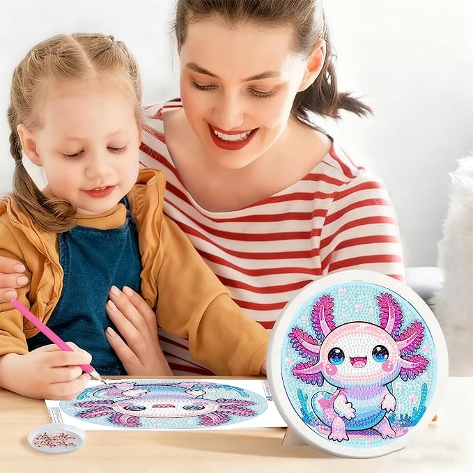 Gemozaic Axolotl Diamond Art Kits for Kids Ages 8-12, Round Frame, 8 x 8 in | Cute Animal Diamond Art for Kids 8 9 10 12 Year Old, Easy Kid Gem Painting, Amphibians Arts and Crafts for Girl Birthday Gift