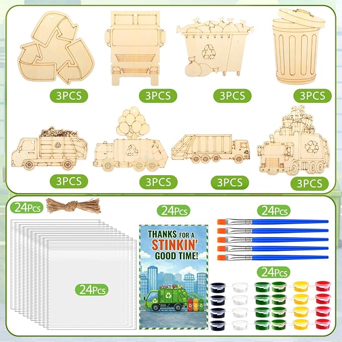 Saypacck 24 Pcs Garbage Truck Party Favors Wooden Paint Craft Kits | Kids DIY Wooden Craft, Trash Truck Cutout with Paints Brushes, Birthday Party Goodie Bags Fillers, Thank You Gifts
