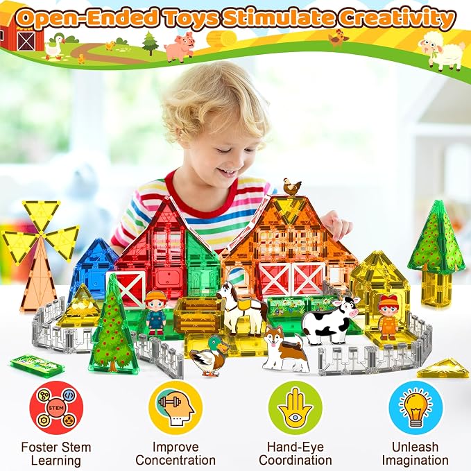 105 PCS Magnetic Tiles with Farm Animals, Magnetic Blocks Building Toys for 3+ Year Old Toddler, Construction STEM Magnet Toys Gift for Kids, Boys and Girls 3 4 5 6 7 8+ Year Old