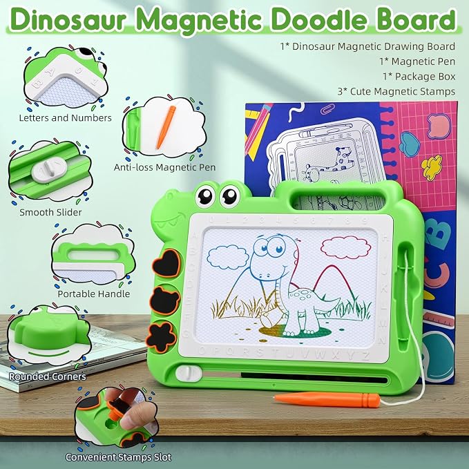 AiTuiTui Dinosaur Magnetic Drawing Board for Toddlers Ages 2-4, Green | Doodle Board Toddler Toys, Educational Learning Kids Gift for 3 Year Old Boys Girls, Color Sketch Writing Pad Travel Games
