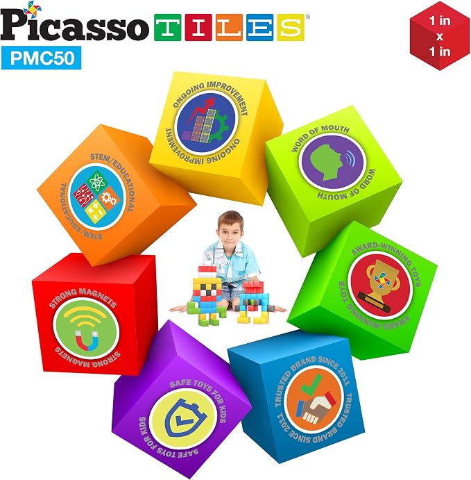PicassoTiles Kids Pixel 1” Magnetic Puzzle Cube Mix & Match with Free Ideabook Sensory Toys STEAM Learning Building Block Magnets Construction Toy Set Stacking Magnet Creative Kit