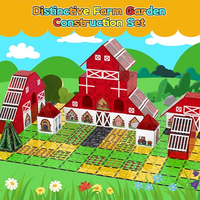 SKTMYY Magnetic Tiles Farm Animal Toy Set with Interactive Cow & Horse, Magnetic Building Blocks for Kids Ages 3-5 4-8 5-7, Magnet Tiles Educational STEM Toy for Boys & Girls
