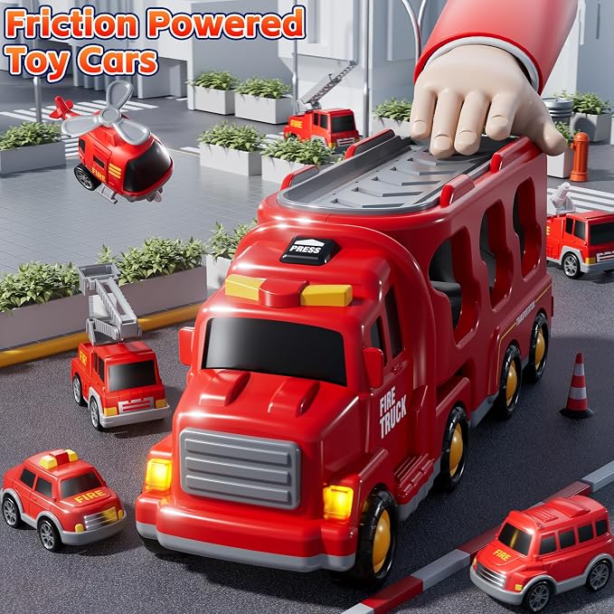 Fire Truck Toys for Toddler 3-5, Transport Car with Light Sound | 7-in-1 Fire Car Carrier Vehicle Set for Girls 3 4 5 6 Years Old, Birthdays Gifts for Kids Girls Aged 3-9