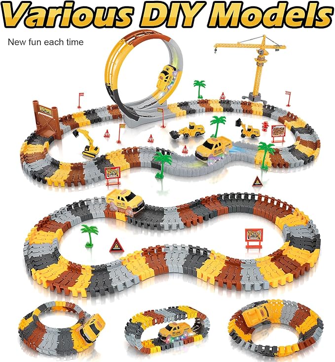 Coroiesty 157 PCS Construction Race Tracks for Kids with 360° Loop Ramp | Glow in The Dark Magic Toy Set, 1 Light Up Car, 3 Construction Cars, Flexible DIY Track Set, Gift for 3-9 Year Old Boys Girls