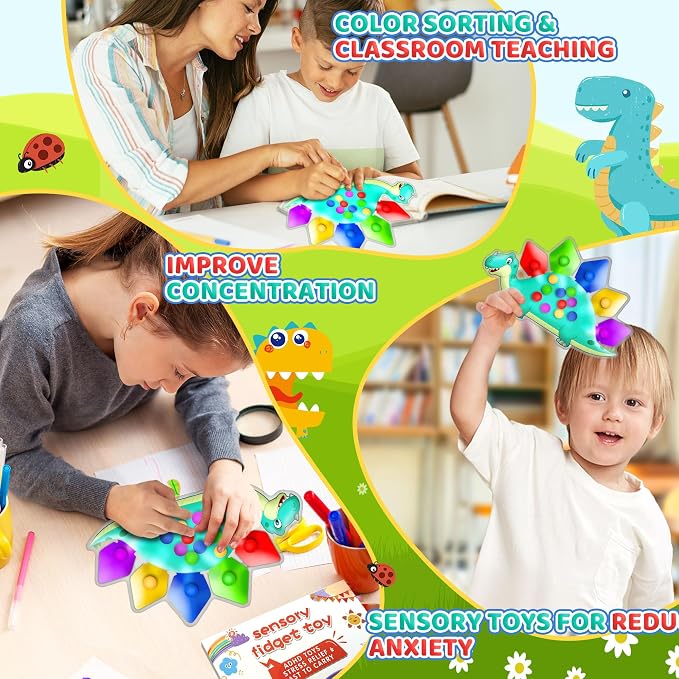 UIIOPJIOM 2PC Dinosaur Color Sorting Sensory Toys for Toddler, Montessori Toy Learning Activities Quiet Calm Down Fidgets for Classroom Valentine for 3 4 5 Year Old Boy Easter Basket Stuffer Gift