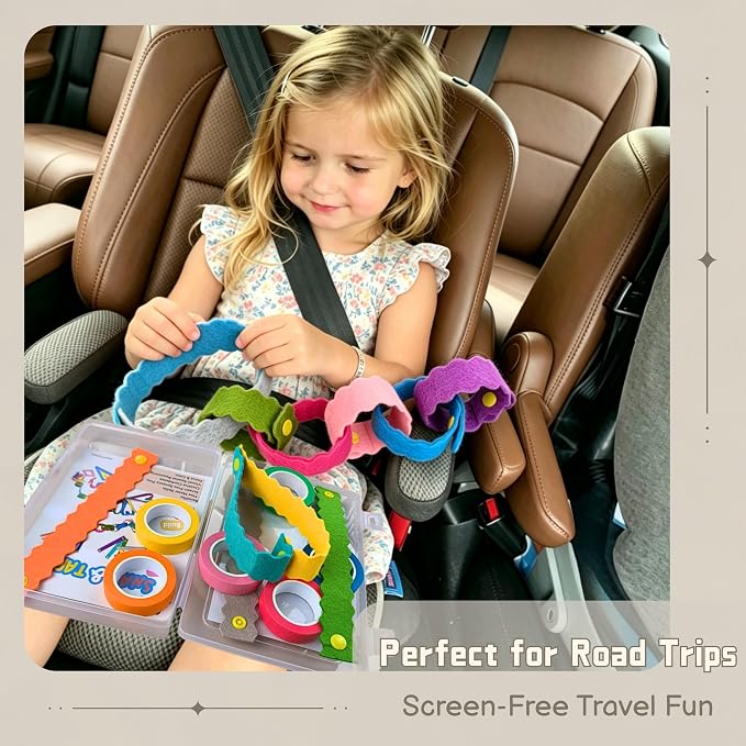 Feel Good Waves Snap & Tape Play Kit - Kid Travel Toy - Fine Motor -Fidget | 12 felt snap links, 6 washi tapes & carry case, screen-free for airplane, car & restaurant, sensory play, US safety certified