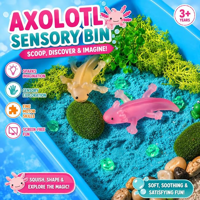 AGENTLAN Axolotl Sensory Bin with Sensory Sand, Axolotl Toys for Kids | Gift for boys and girls, sand kit for kids, sensory Toys for toddlers ages 3-8, indoor outdoor play