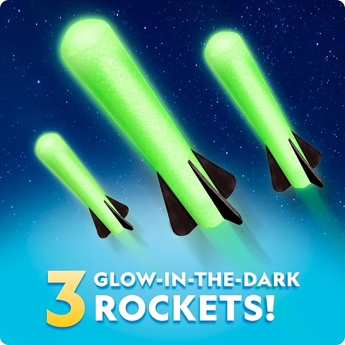 National Geographic Glow in the Dark Air Rocket Launcher Toy for Kids 8-12 | Glow-in-the-Dark Foam Rockets, Launches Up to 100 Feet, Adjustable Base, Outdoor STEM Activity, Backyard Play, Birthday Gift