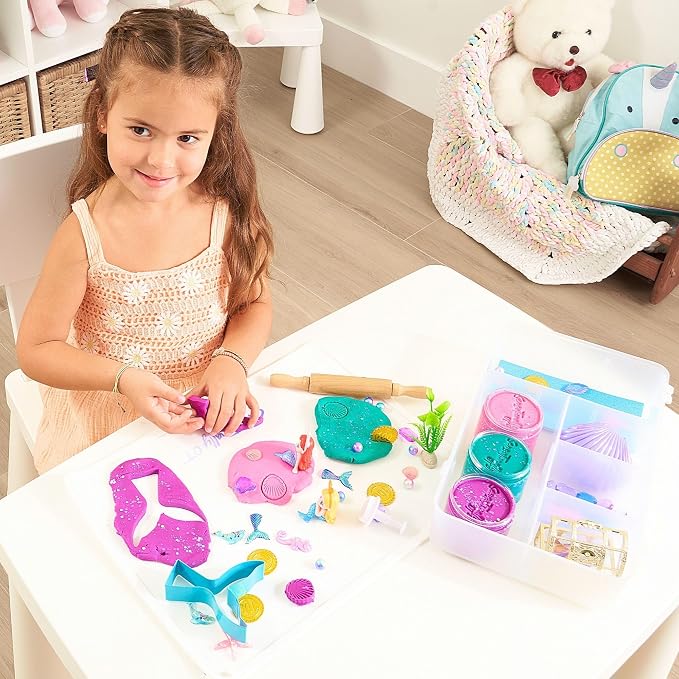 Mermaid Sensory Dough Kit (3 Jars) Non-Toxic Dough with Cutters, Stampers, Coins, Pearls, Seahorses, Starfish, Treasure Box - Perfect Creative Play and Gift for Kids & Toddlers