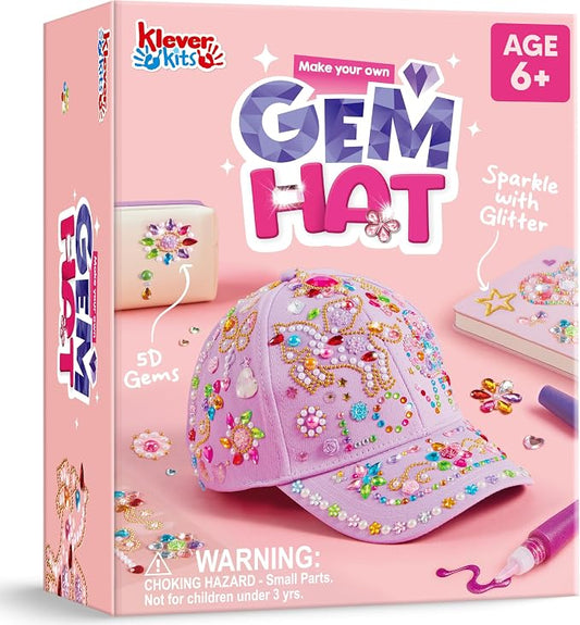 Klever Kits Gem Hat Kit for Girls, Decorate Your Own Baseball Cap with Gems Stickers, DIY Craft Kits for Kids Girls Toys Age 6-8