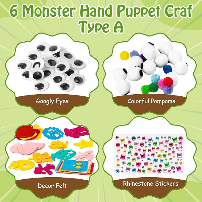 WATINC Hand Puppet Making Kit, Felt Sock Puppet Toys for Kids (Monster A) | 6 Styles, Make Your Own Storytelling & Role Play Crafts, Creative Group Activity, Party Favors & Gifts for Kids Ages 4-8