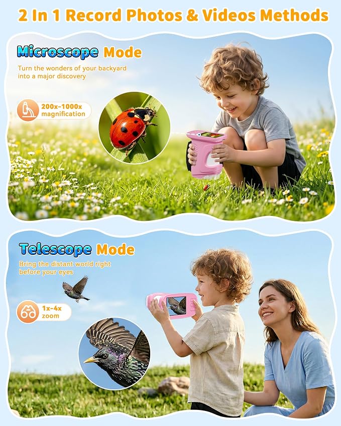 1000X Kids Handheld Microscope, 4K Digital Mini Pocket Digital Microscope with 2.4" IPS Screen, Built-in Camera & 12 Prepared Slides, STEM Educational Toy, Birthday Gift for Boys & Girls Ages 3–12