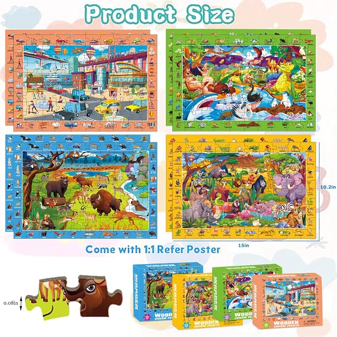 100 Piece Jigsaw Puzzle for Kids Ages 4-6, 4-Pack Animal & Vehicle Themes | Educational Learning Toys for Kids Ages 6-8 8-10, Birthday Gifts for Girls Boys