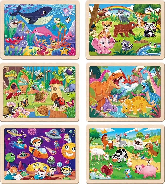 Wooden Puzzles for Kids Ages 4-6, 6 Packs 24 PCs Wood Dinosaur Animals Jigsaw Puzzles for Toddlers Ages 3-5, Preschool Educational Learning Puzzles Toys Gifts for Boys and Girls