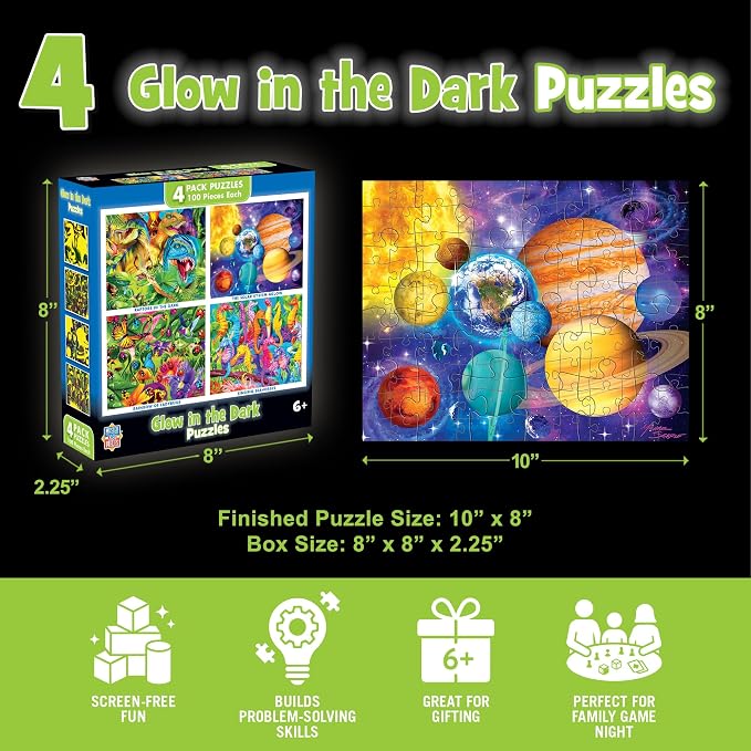 MasterPieces – Jigsaw Puzzle Set for Kids 6+ Years, 4-Pack of 100 Pieces, Educational and Fun Game, Blue Glow in The Dark Collection, Gift Idea for Children, 8" x 10