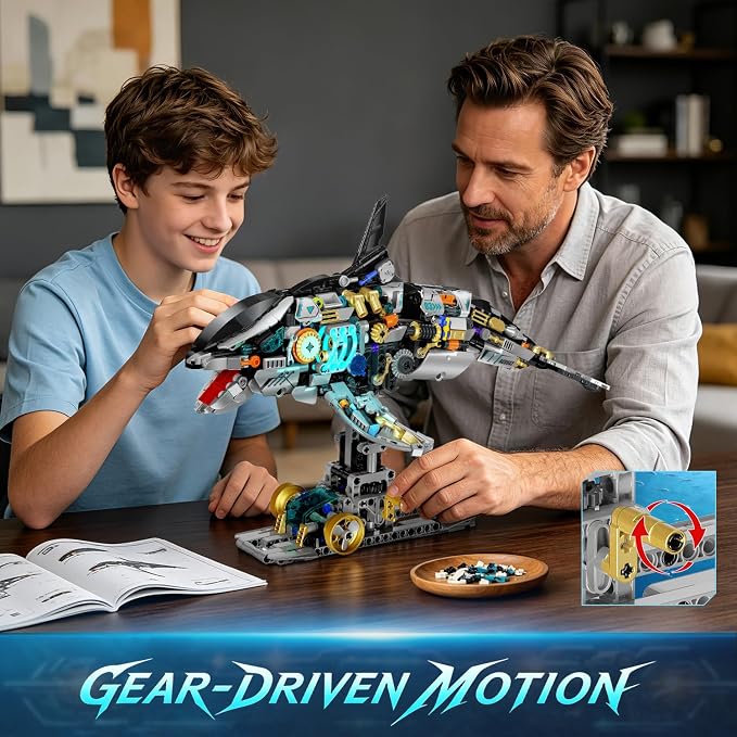 INSOON Mechanical Orca Building Set STEM Toy with LED Light for Boys 12+ | Interactive Whale Building Block with Crank Mechanism, Ocean Animal Model Christmas Birthday Gift for Teens Adults(1005 PCS)